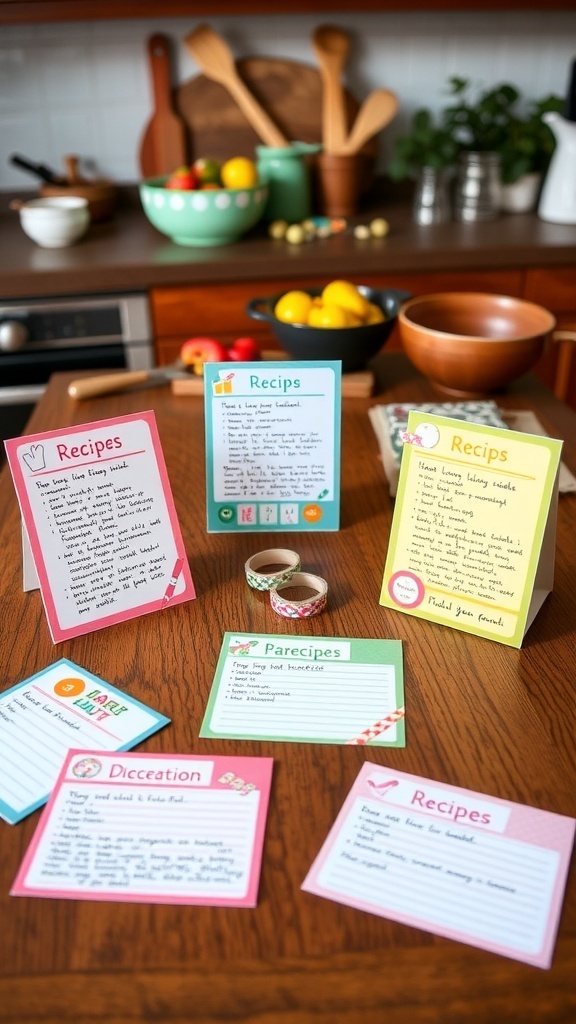 Colorful 4 x 6 recipe cards on a kitchen table with handwritten recipes and decorations.